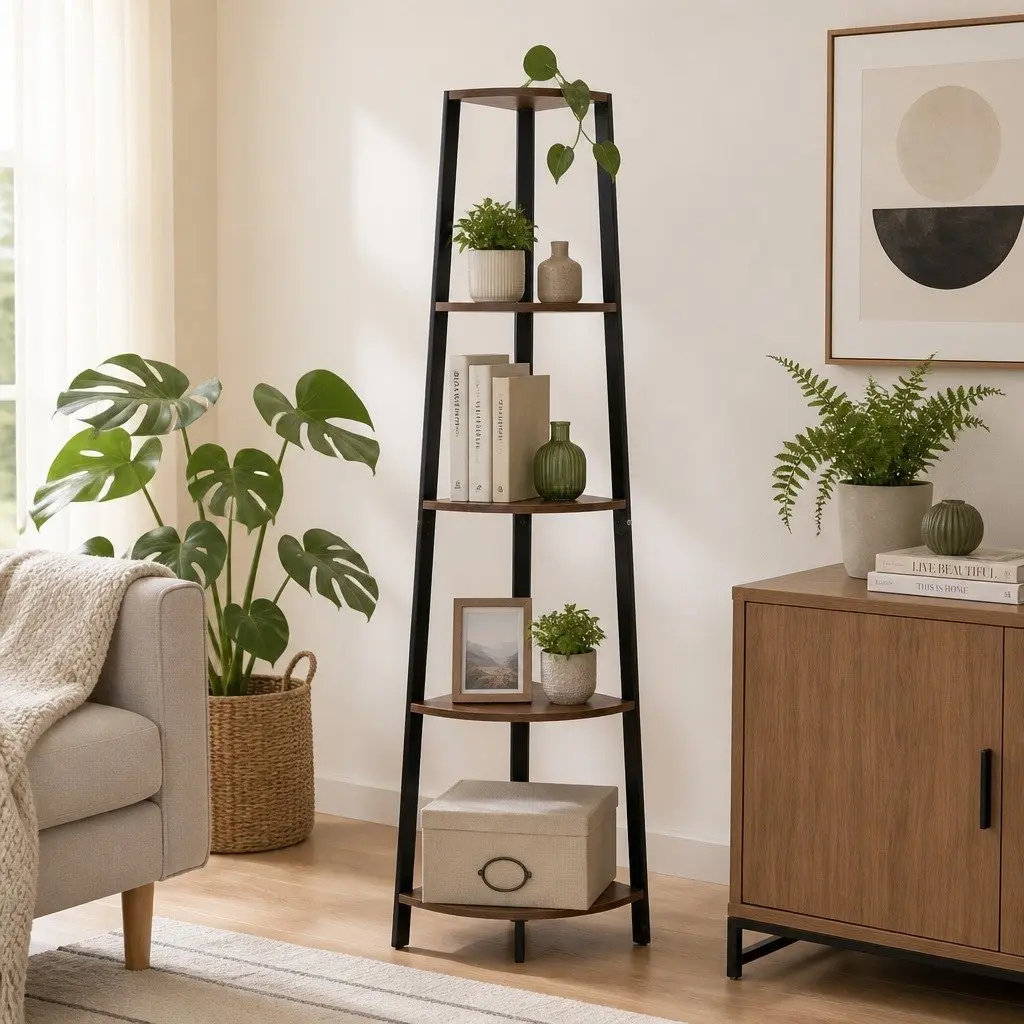 5 Tier Corner Shelf MDF Steel Brown