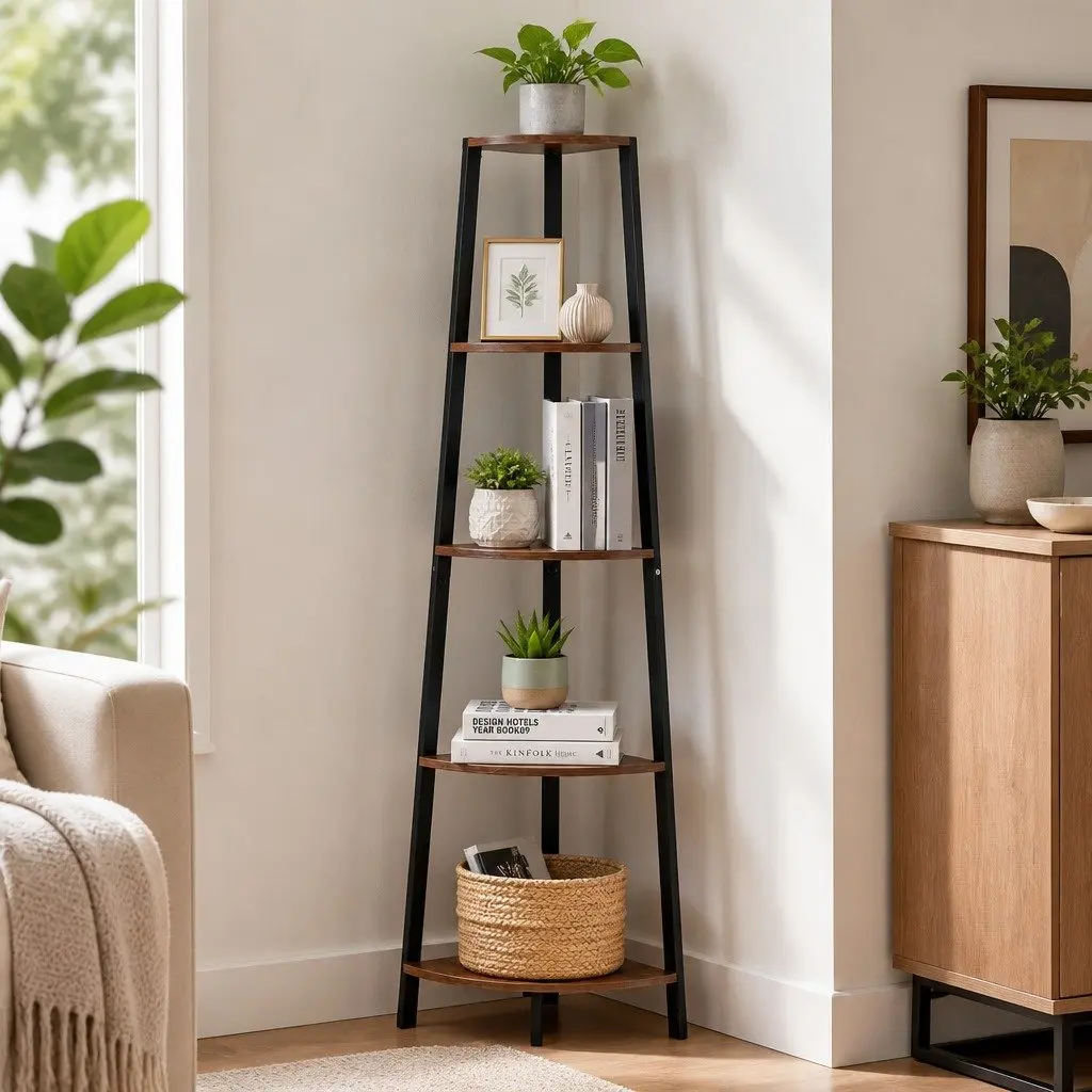 5 Tier Corner Shelf MDF Steel Brown