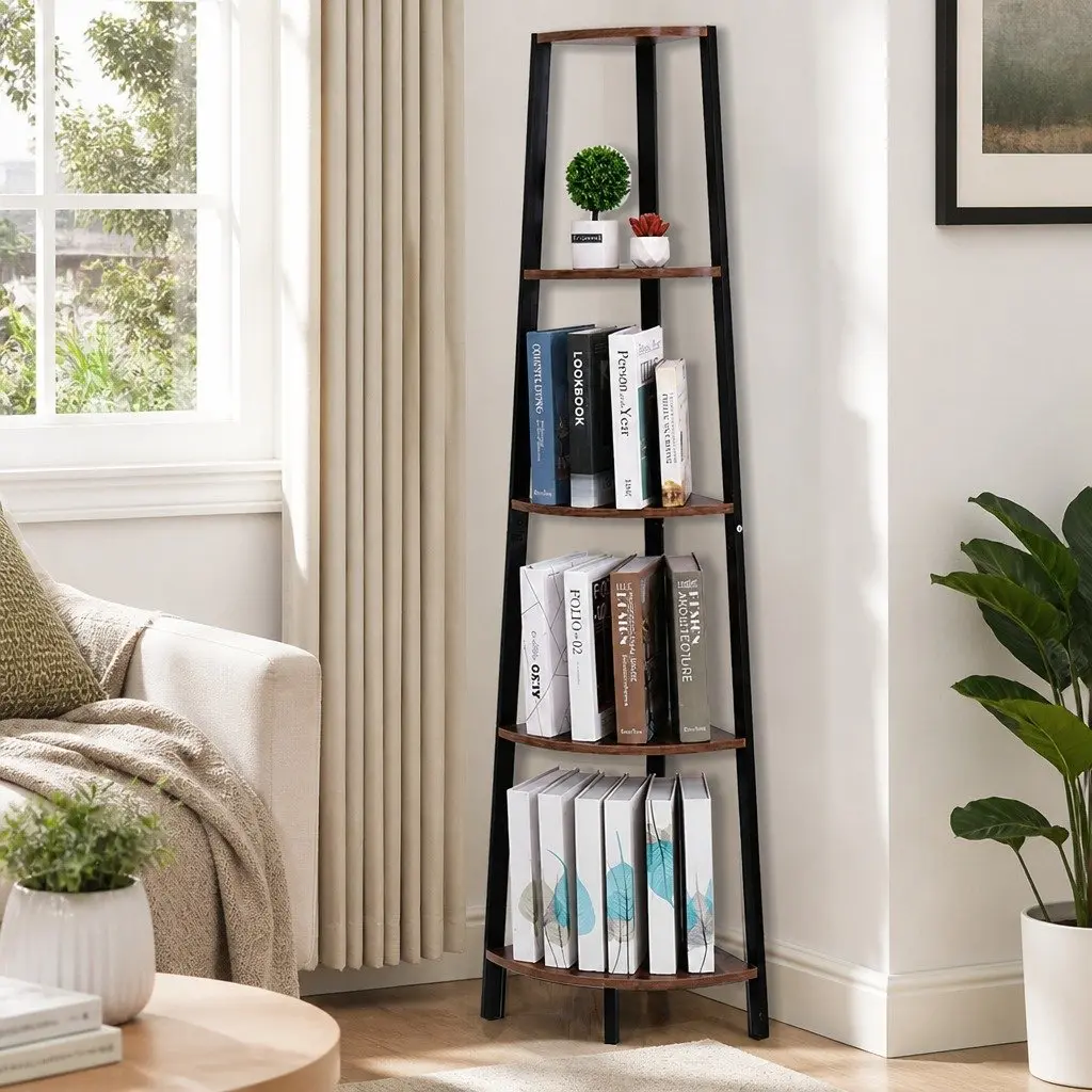 5 Tier Corner Shelf MDF Steel Brown