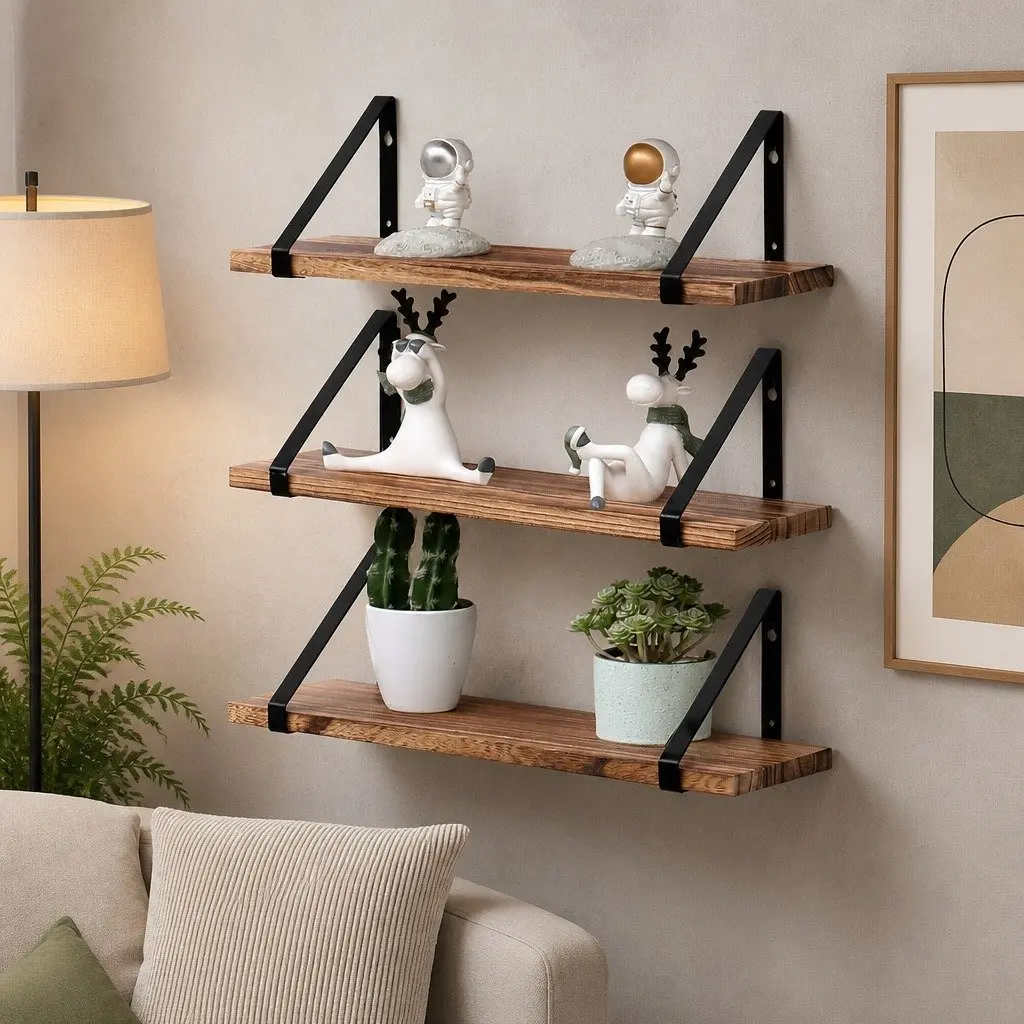 Floating Shelf Paulownia Wood 43cm x 12.5cm x 12cm Natural 3 Piece