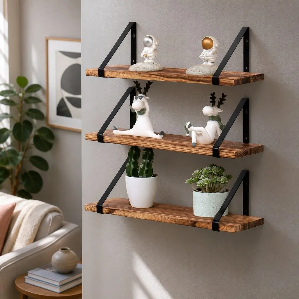 Floating Shelf Paulownia Wood 43cm x 12.5cm x 12cm Natural 3 Piece