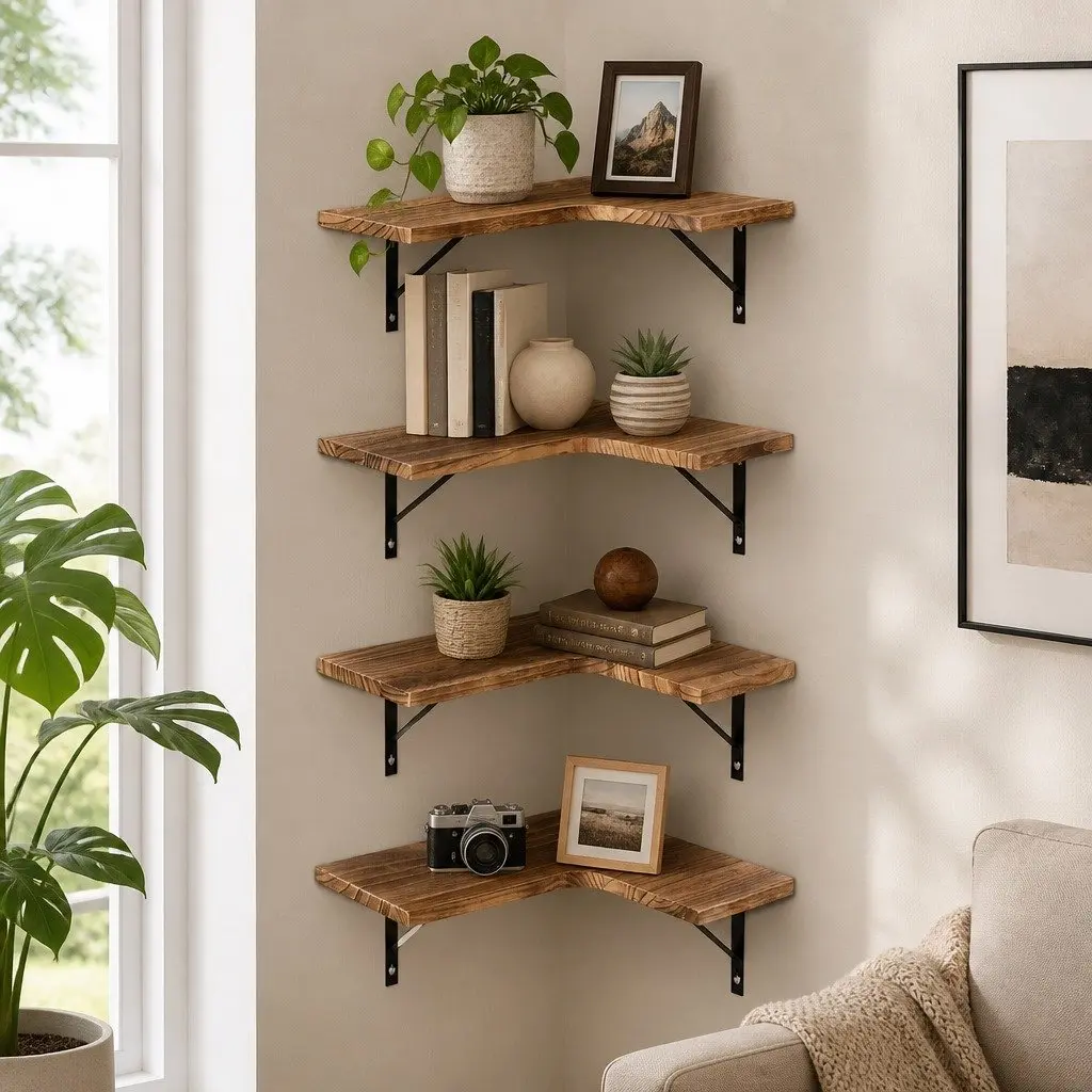 Floating Corner Shelf with Four Tiers