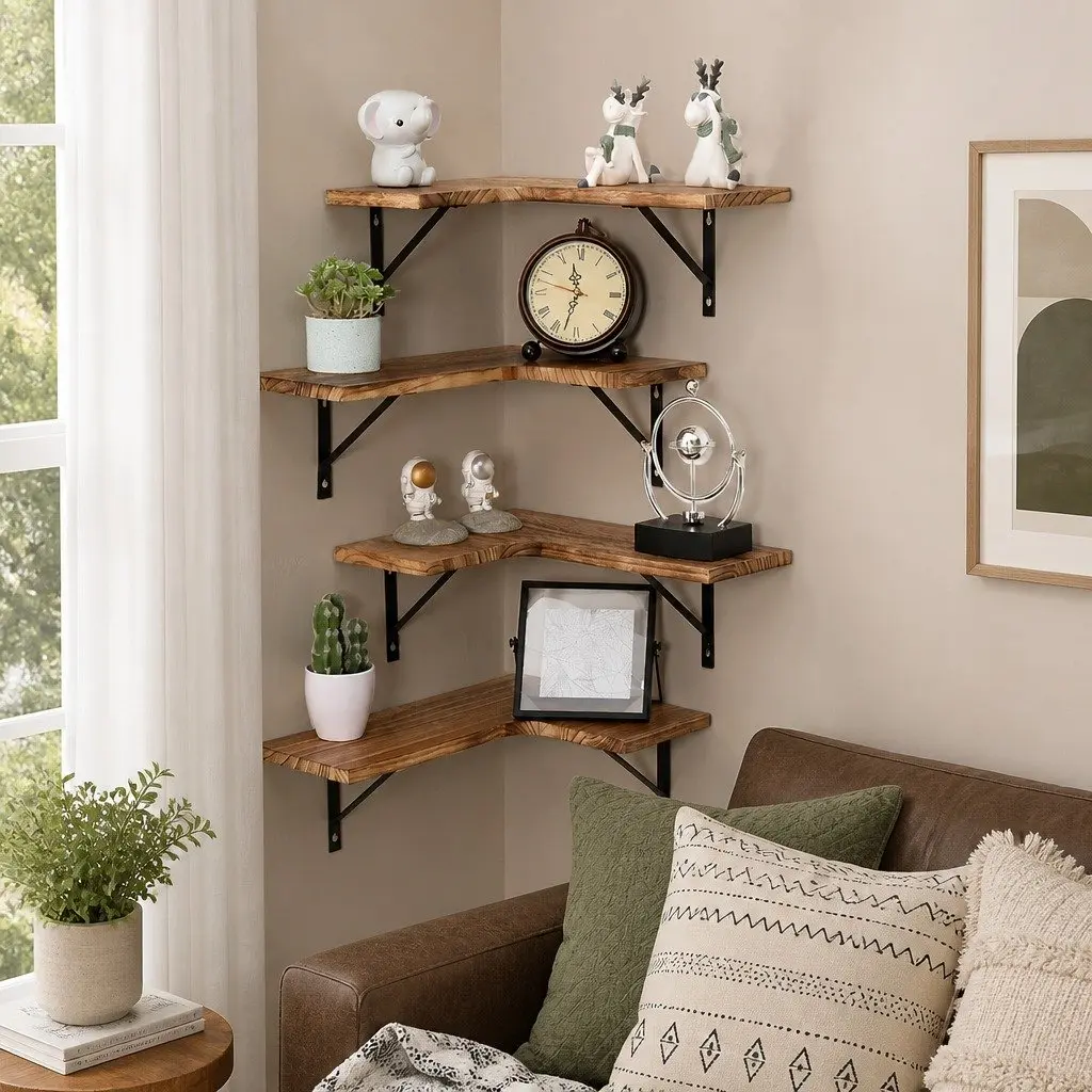 Floating Corner Shelf with Four Tiers