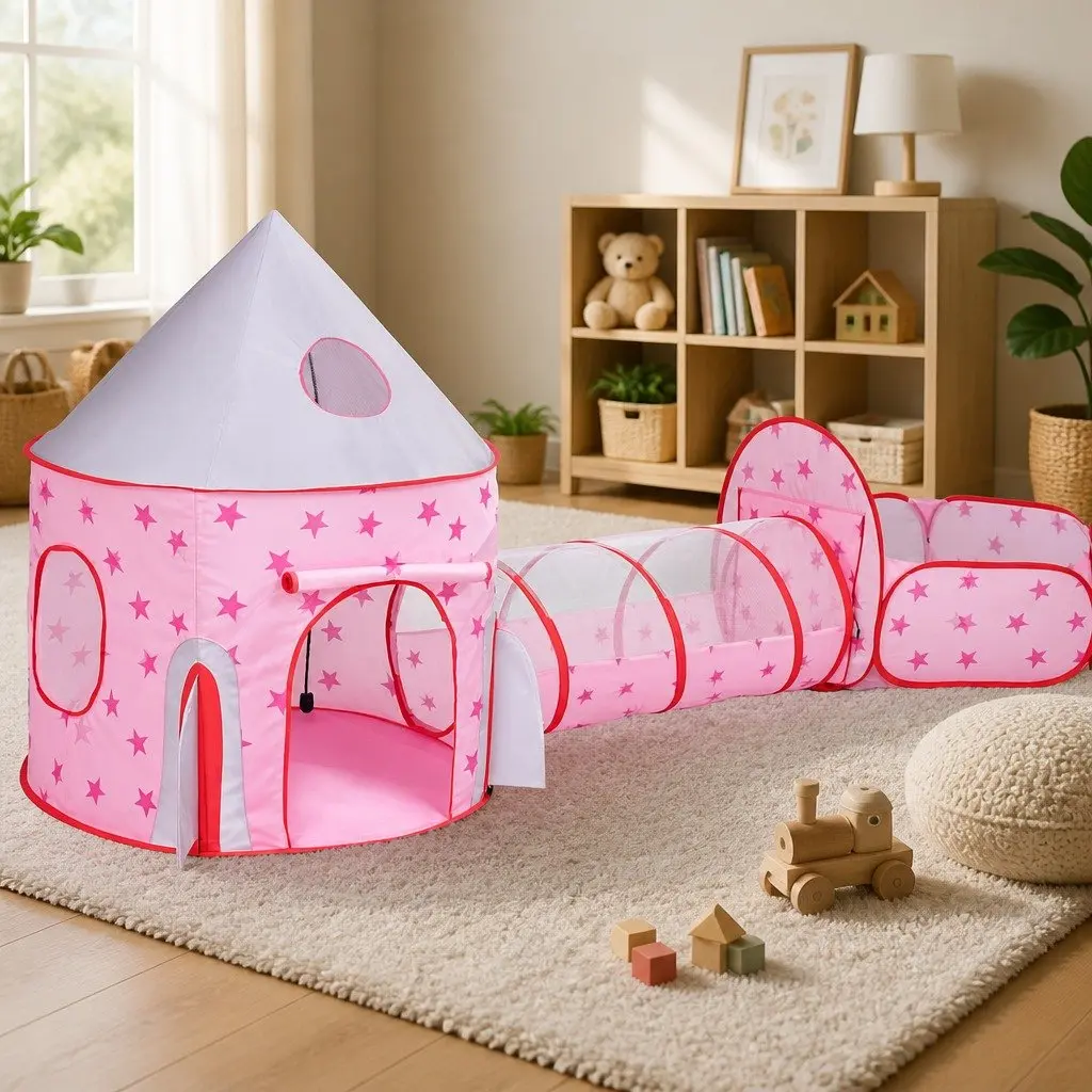 Pink 3-in-1 Playhouse with Crawl Tunnel and Ball Pit