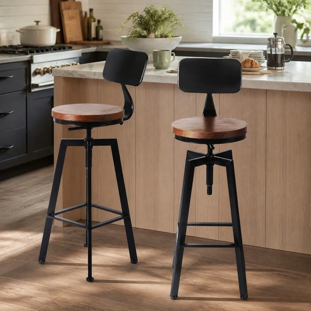 Adjustable Height Swivel Bar Stool with Wooden Metal Frame