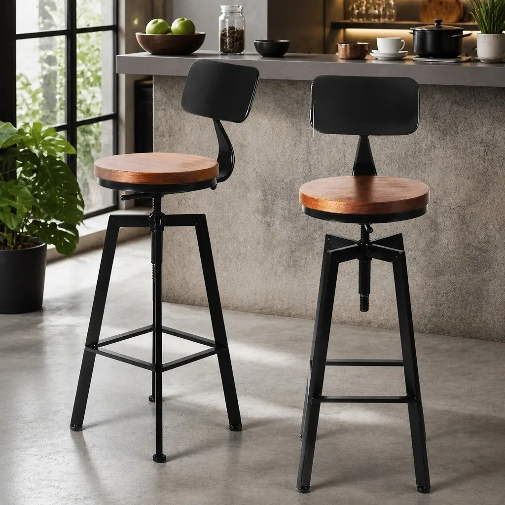 Adjustable Height Swivel Bar Stool with Wooden Metal Frame