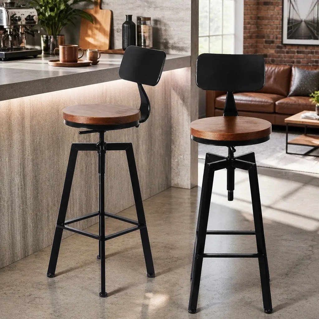 Adjustable Height Swivel Bar Stool with Wooden Metal Frame