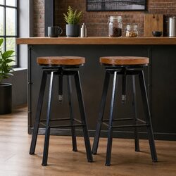 Adjustable Height Swivel Bar Stools with Solid Wood Seat