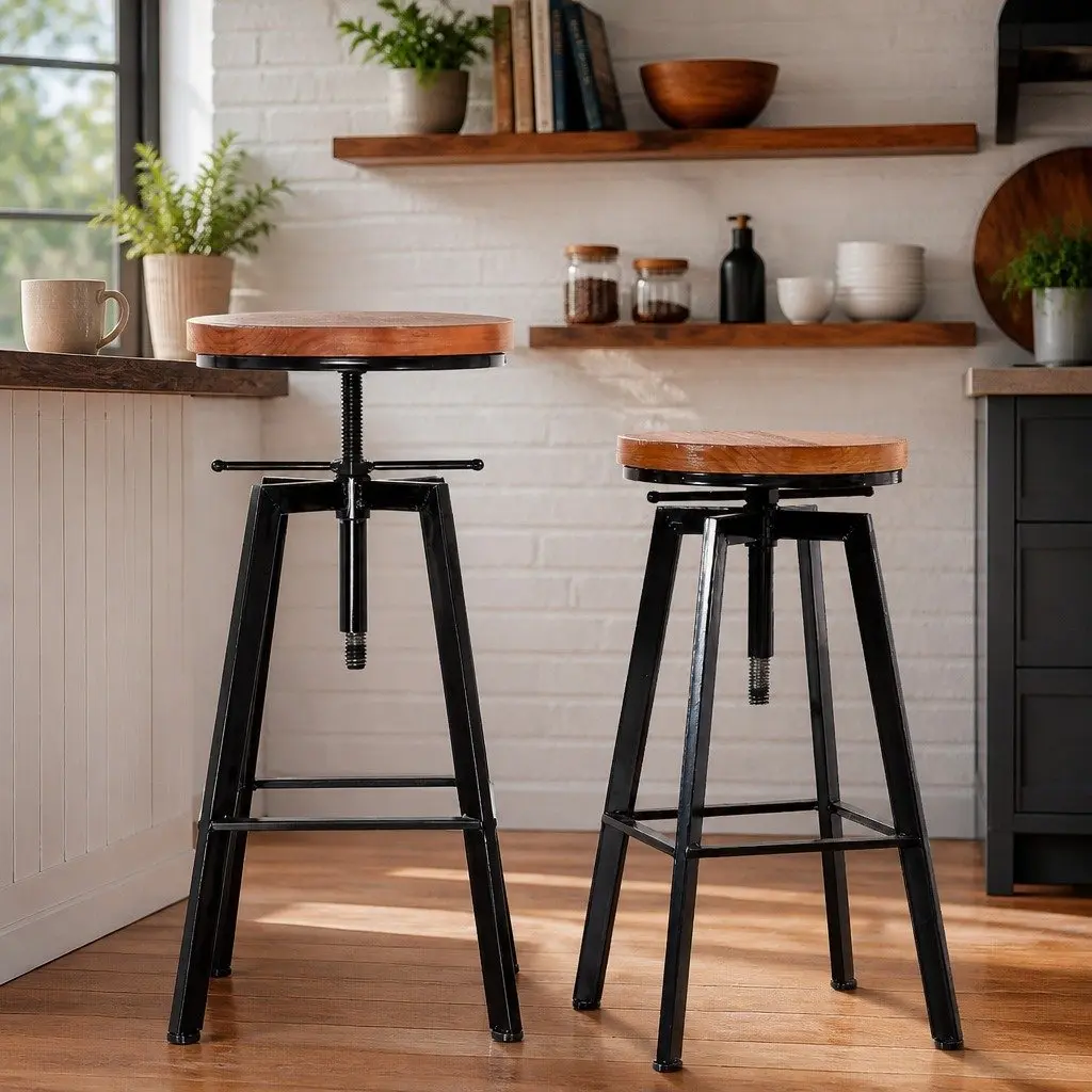 Adjustable Height Swivel Bar Stools with Solid Wood Seat
