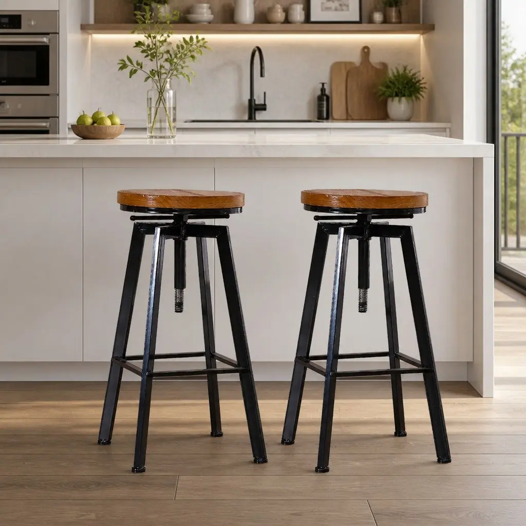 Adjustable Height Swivel Bar Stools with Solid Wood Seat