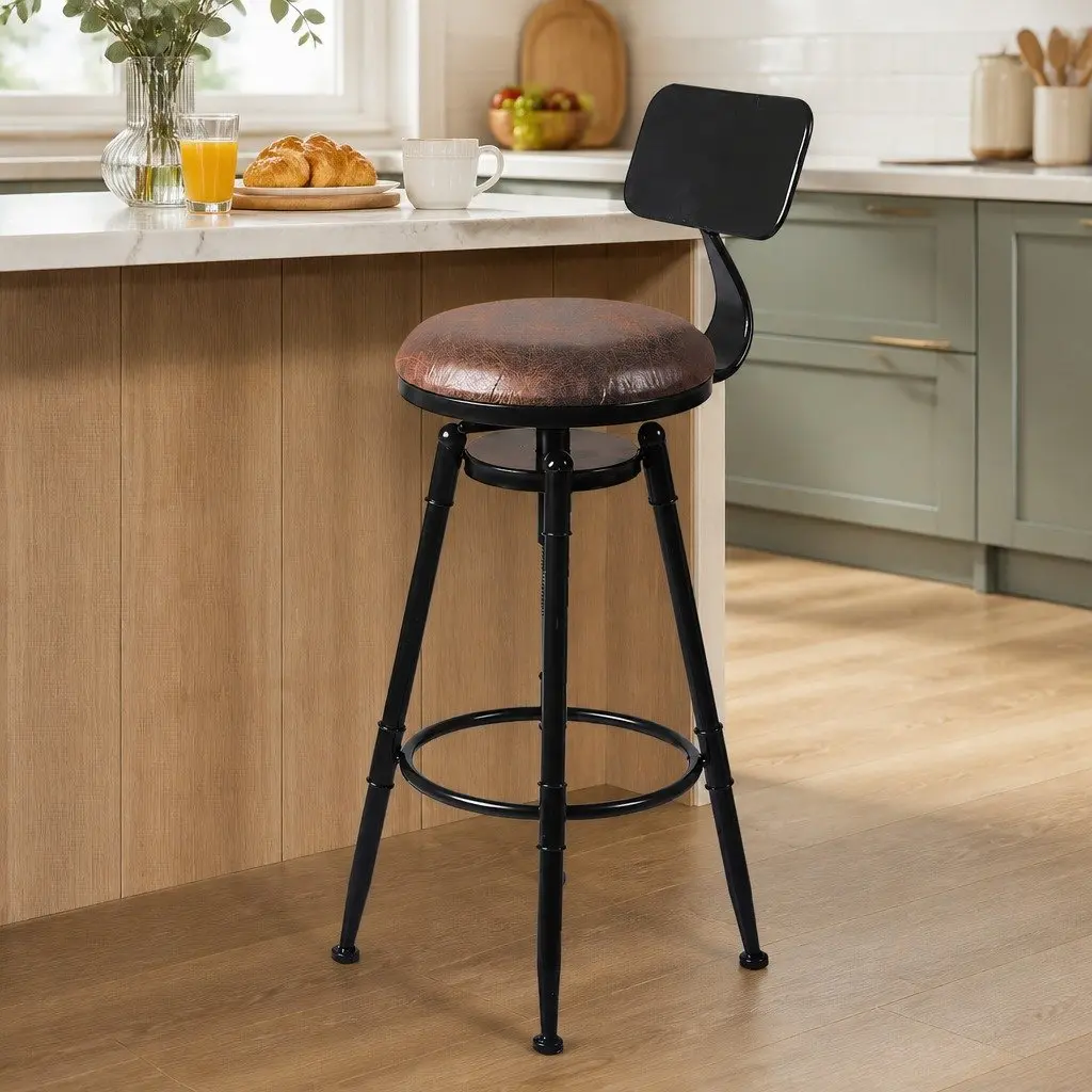Adjustable Bar Stool with Swivel Wooden Seat