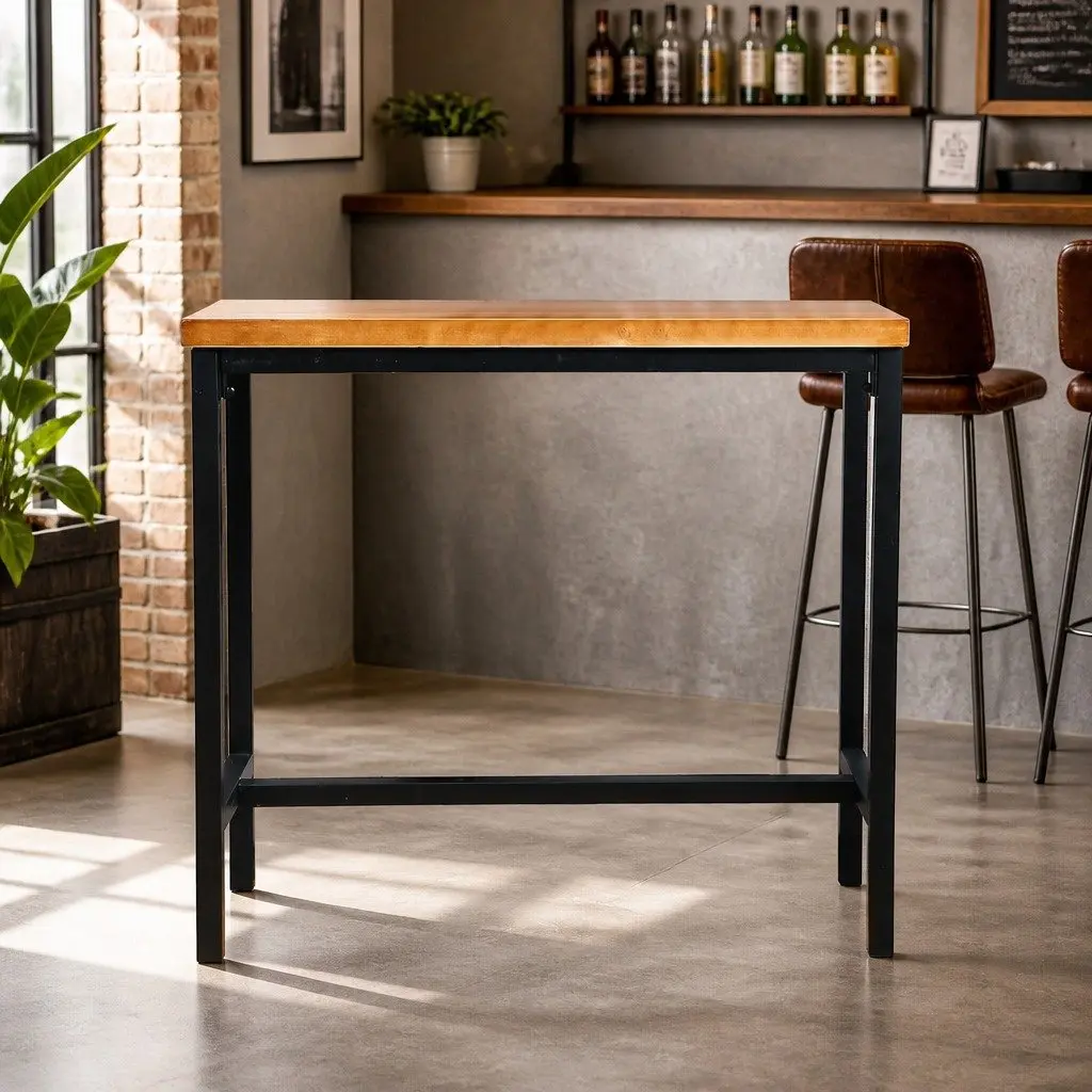 Solid Wood High Bar Table with Steel Frame for Cafes