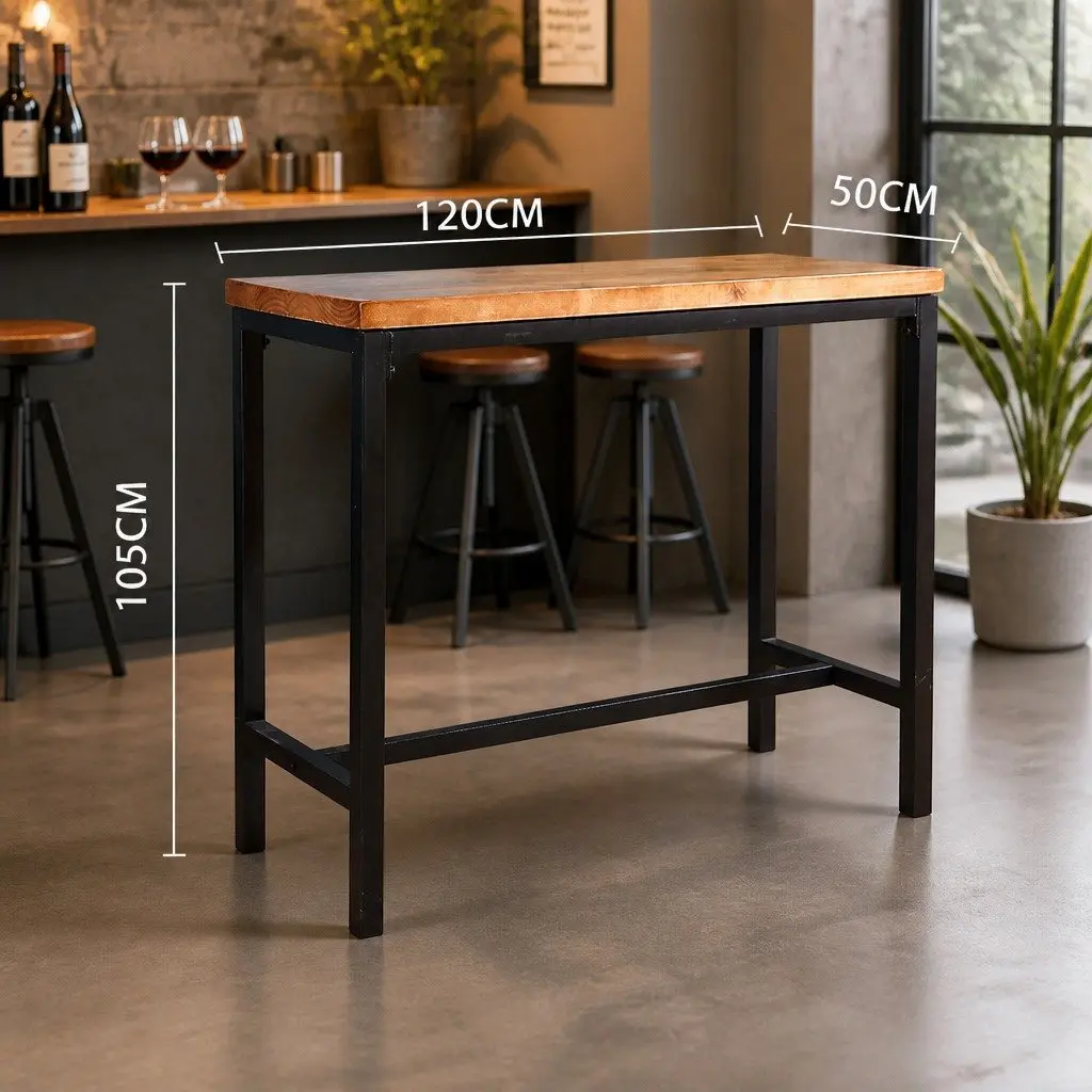Solid Wood High Bar Table with Steel Frame for Cafes