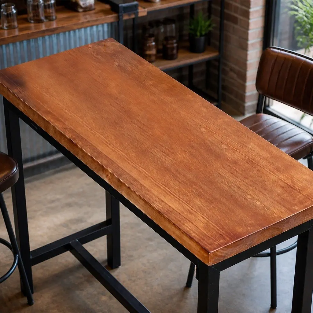 Solid Wood High Bar Table with Steel Frame for Cafes