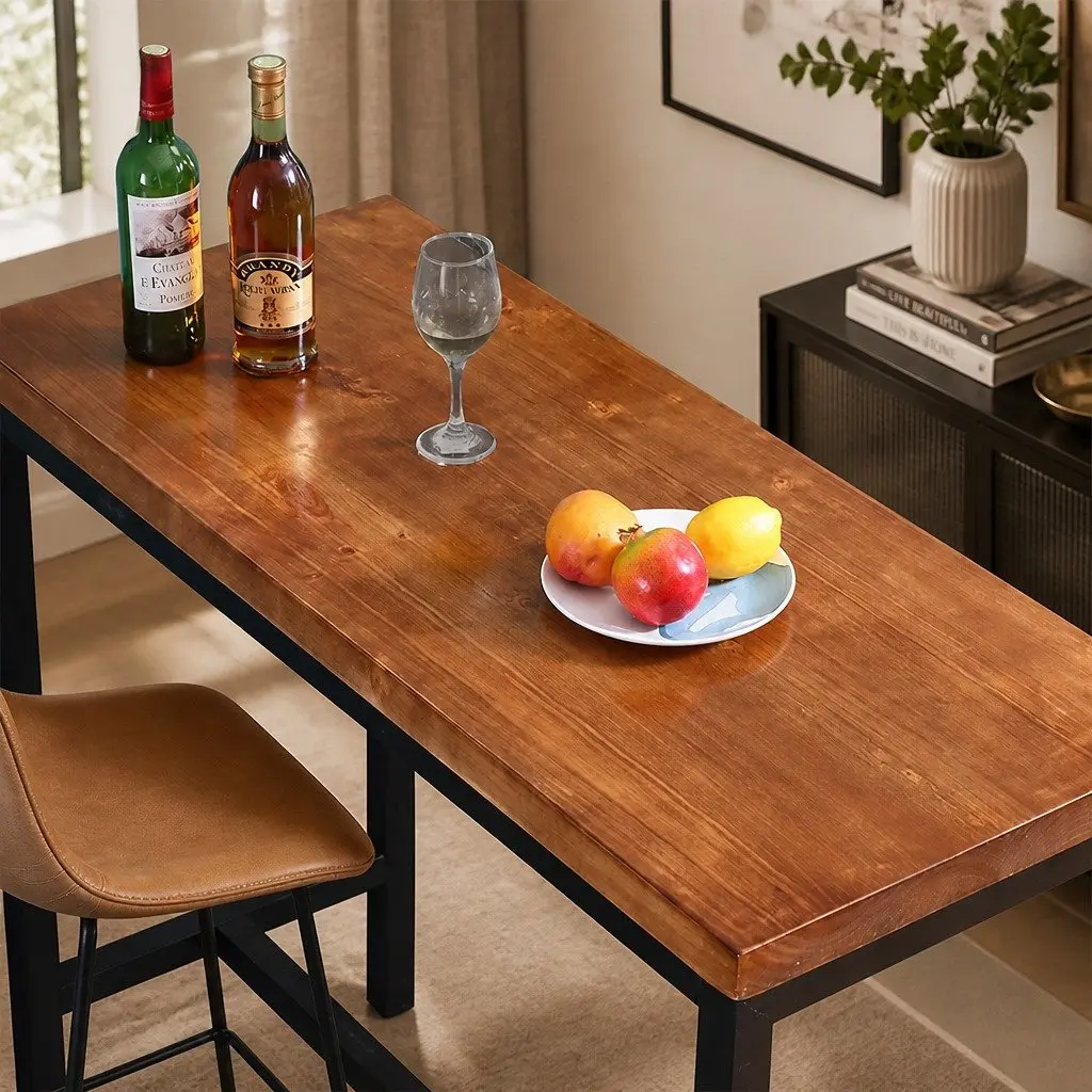 Solid Wood High Bar Table with Steel Frame for Cafes