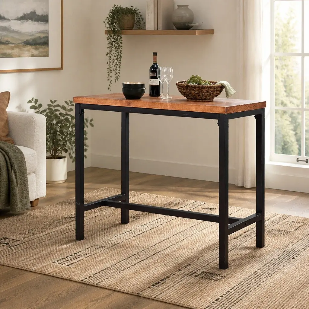 Solid Wood High Bar Table with Steel Frame for Cafes