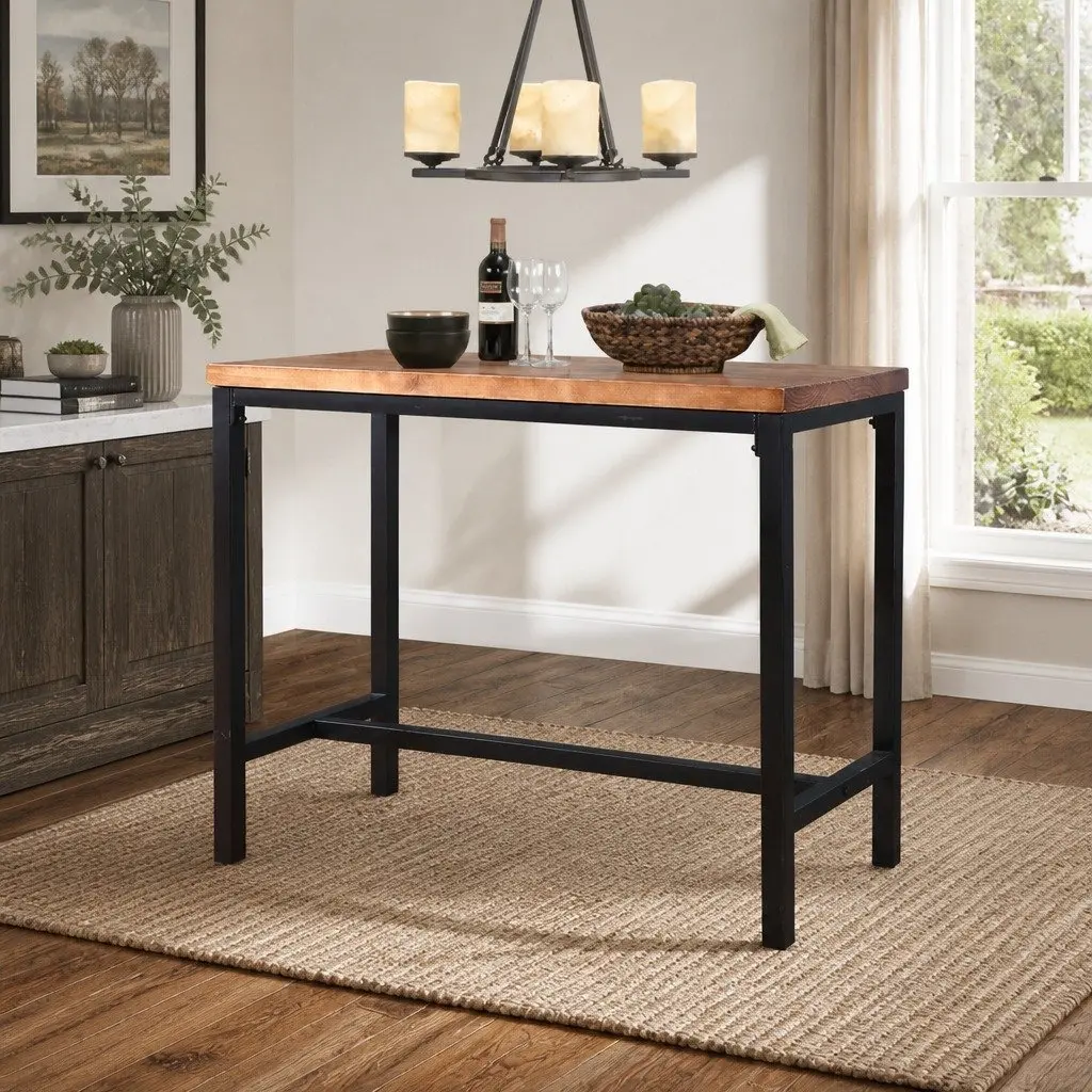 Solid Wood High Bar Table with Steel Frame for Cafes