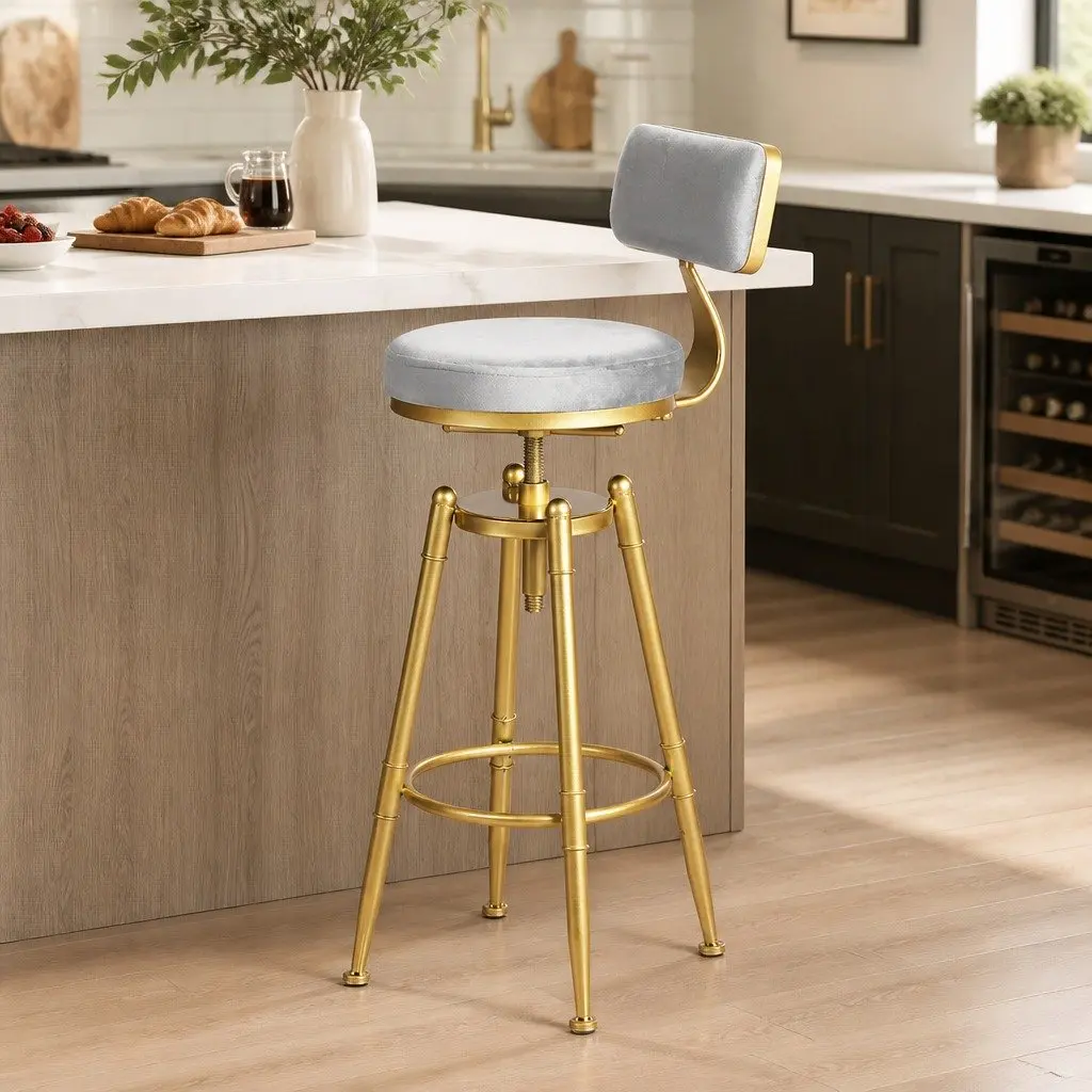 Bar Stools Velvet Adjustable Swivel Seat Footrest Grey 2 Piece