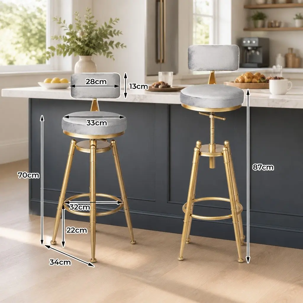 Bar Stools Velvet Adjustable Swivel Seat Footrest Grey 2 Piece