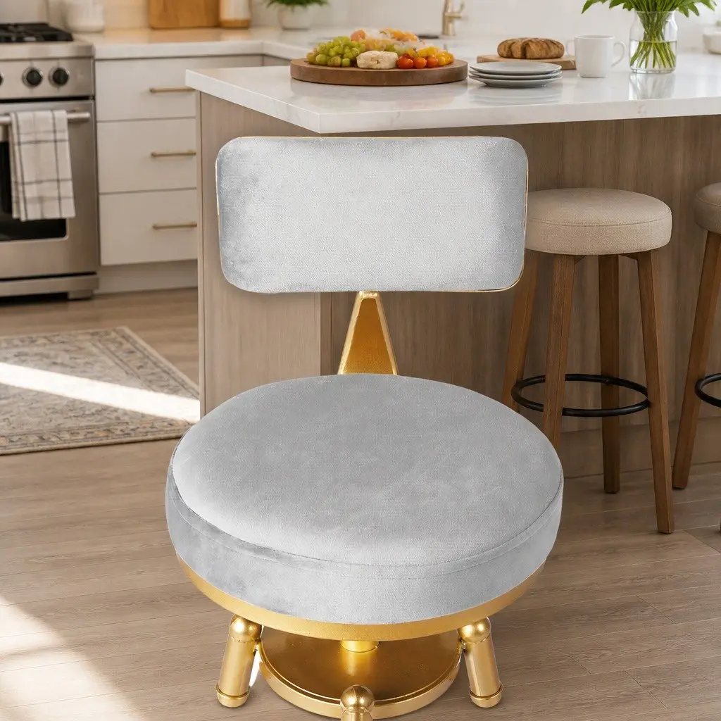 Bar Stools Velvet Adjustable Swivel Seat Footrest Grey 2 Piece