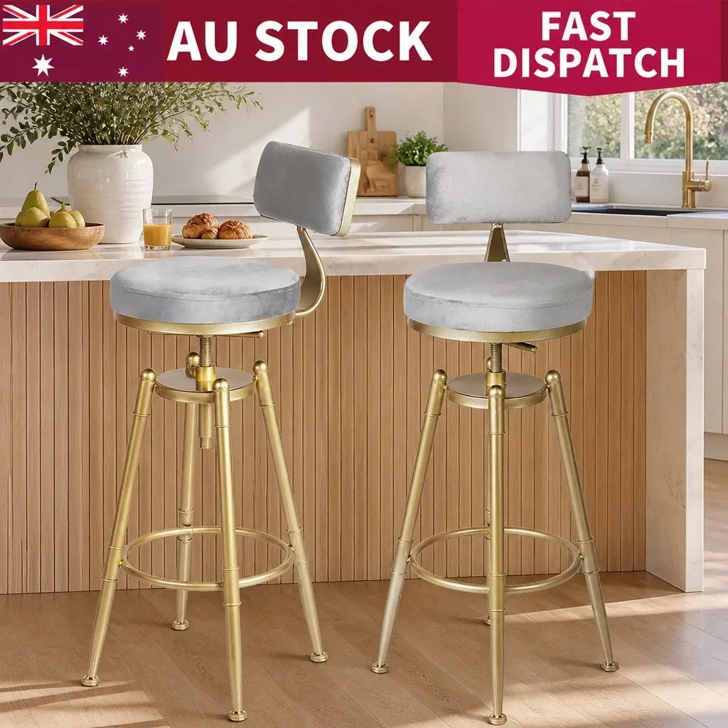 Bar Stools Velvet Adjustable Swivel Seat Footrest Grey 2 Piece