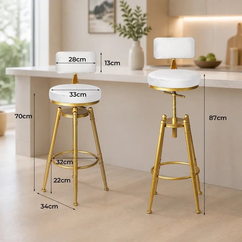 Bar Stools Velvet Upholstery Steel Frame Adjustable Height White with Golden Frame