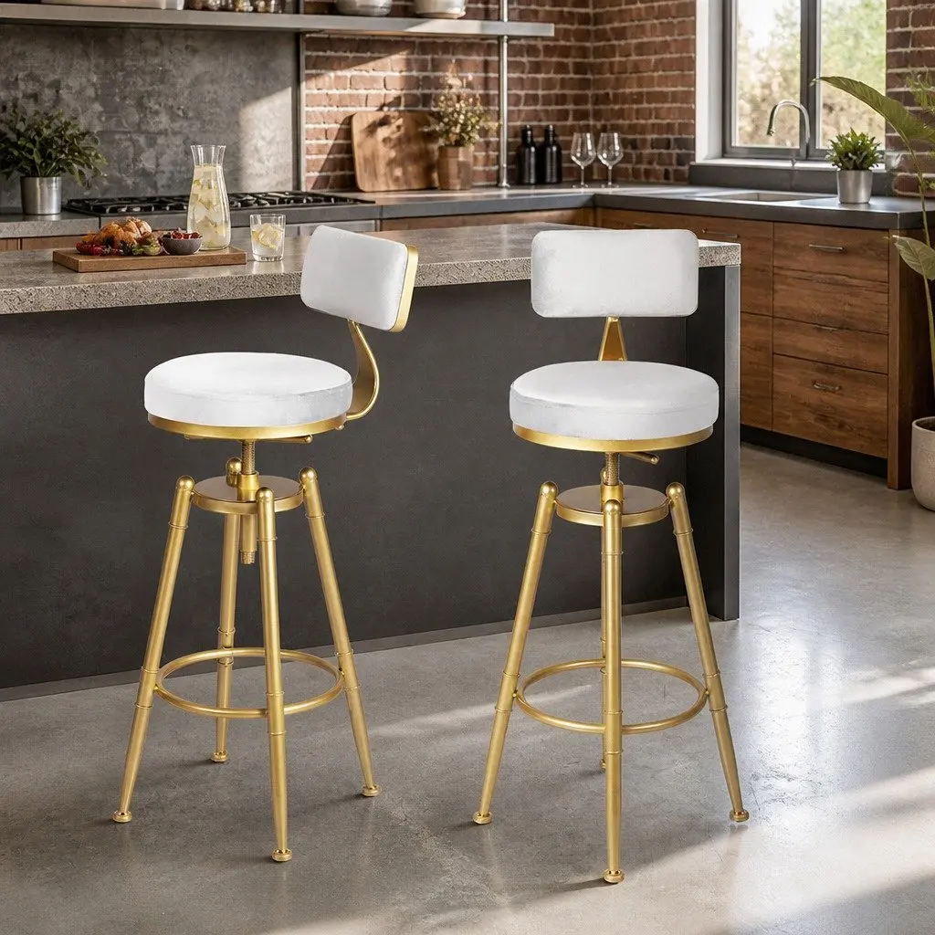Bar Stools Velvet Upholstery Steel Frame Adjustable Height White with Golden Frame