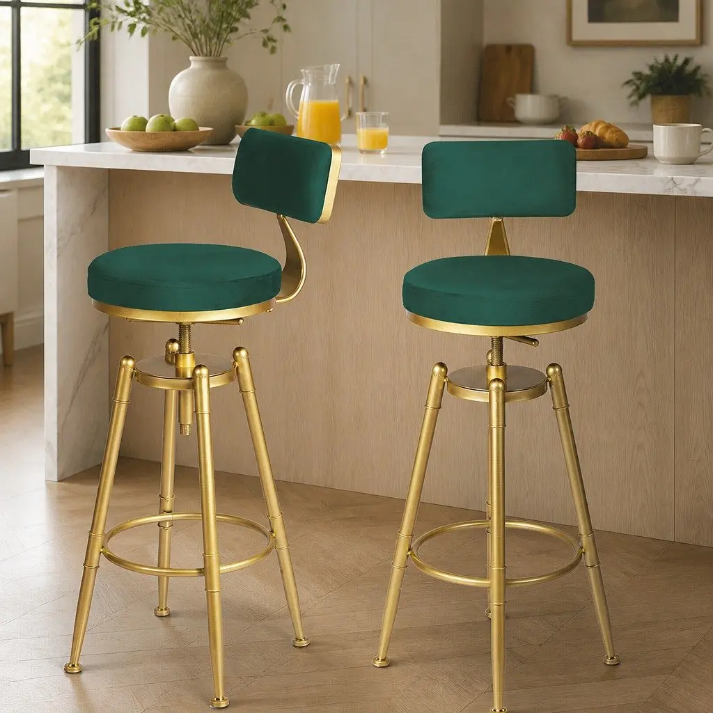 Bar Stools Velvet Green 70-87cm Kitchen Counter Height Swivel Adjustable Footrest