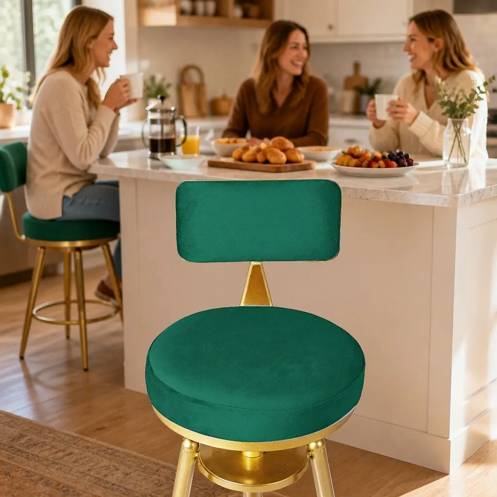 Bar Stools Velvet Green 70-87cm Kitchen Counter Height Swivel Adjustable Footrest