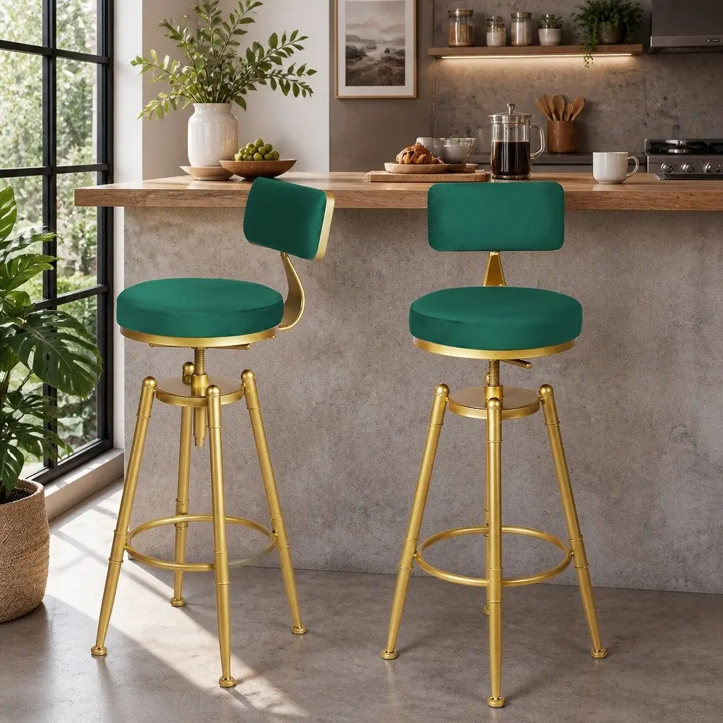 Bar Stools Velvet Green 70-87cm Kitchen Counter Height Swivel Adjustable Footrest