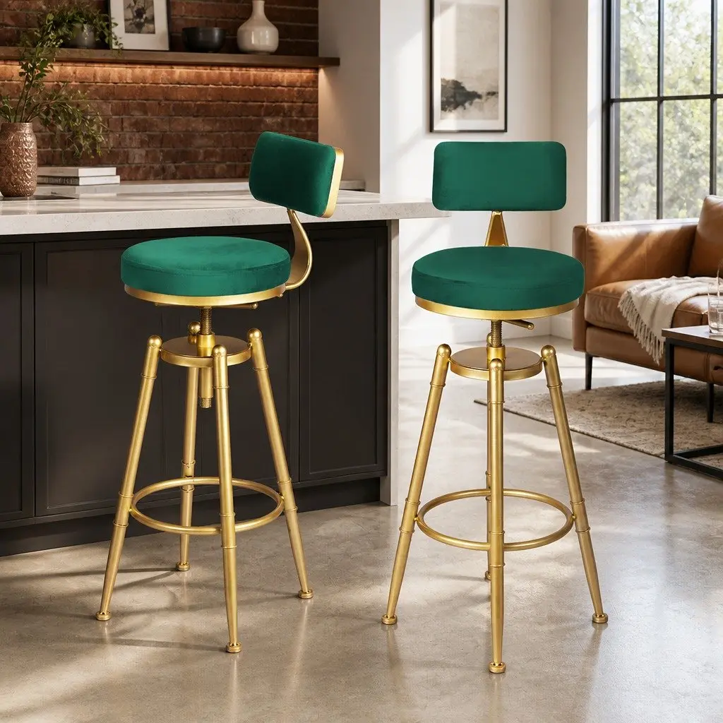 Bar Stools Velvet Green 70-87cm Kitchen Counter Height Swivel Adjustable Footrest
