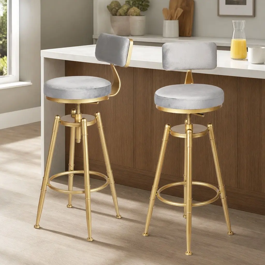 Grey Velvet Adjustable Bar Stool with Swivel