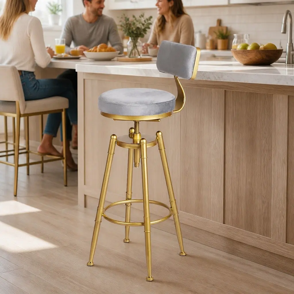 Grey Velvet Adjustable Bar Stool with Swivel