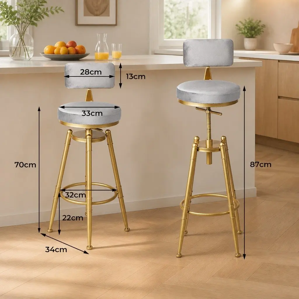 Grey Velvet Adjustable Bar Stool with Swivel