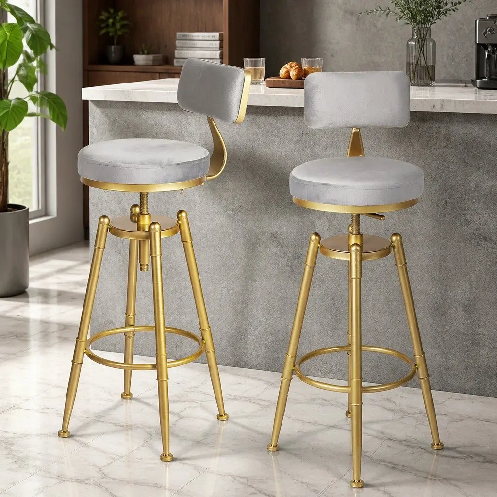 Grey Velvet Adjustable Bar Stool with Swivel