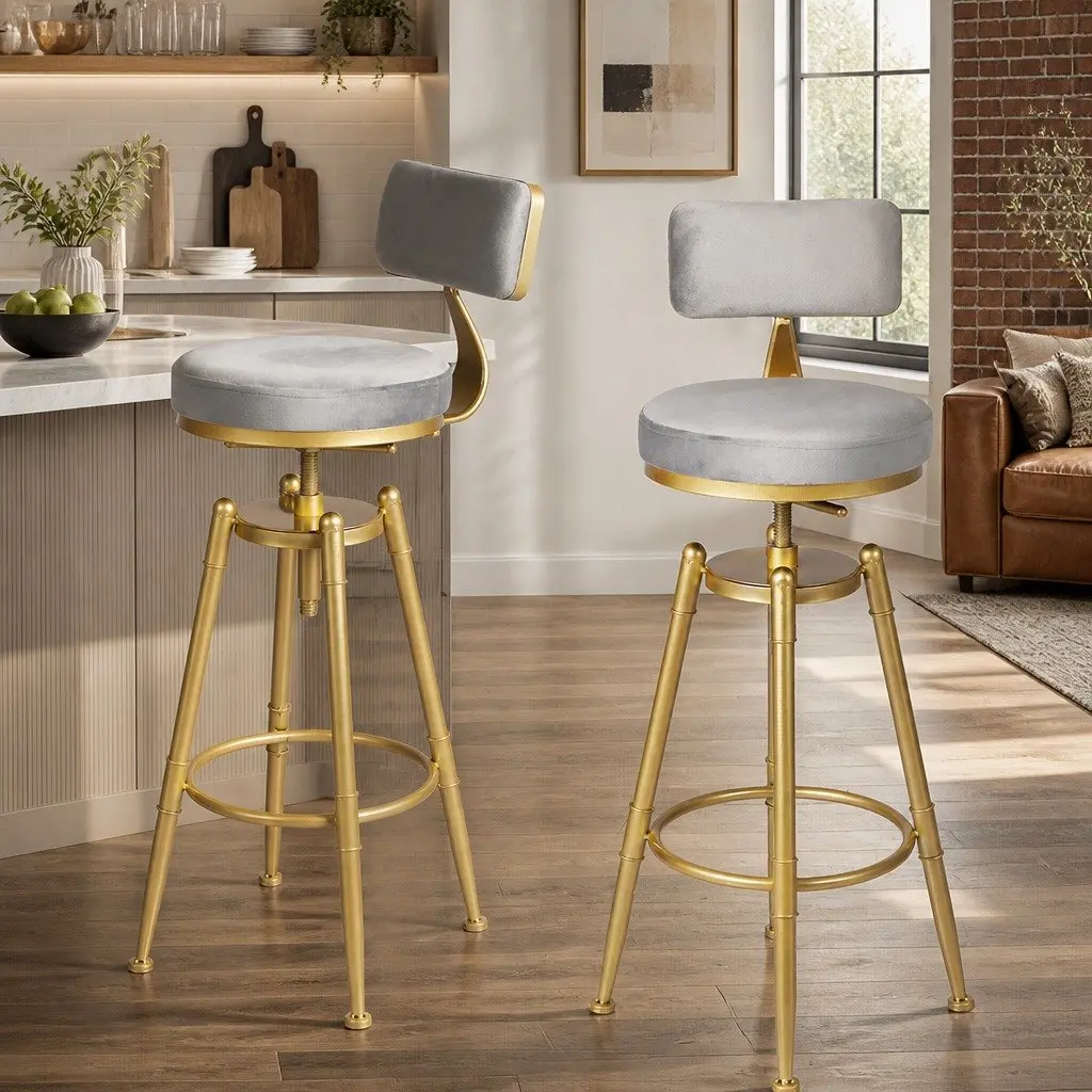 Grey Velvet Adjustable Bar Stool with Swivel