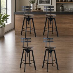 Industrial Bar Stool 4x Set Adjustable Height 360 Swivel Pine Wood Kitchen