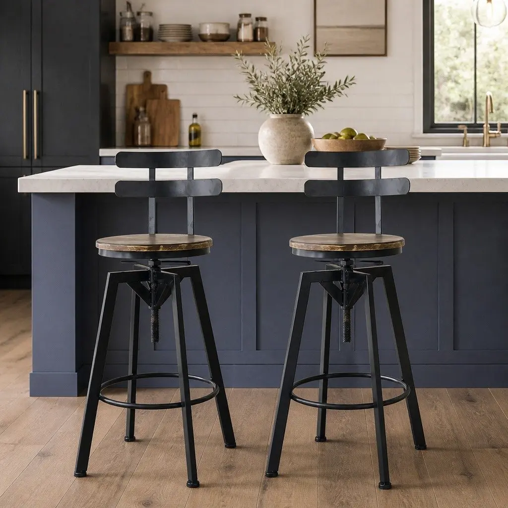 Adjustable Industrial Bar Stool with Wooden Frame