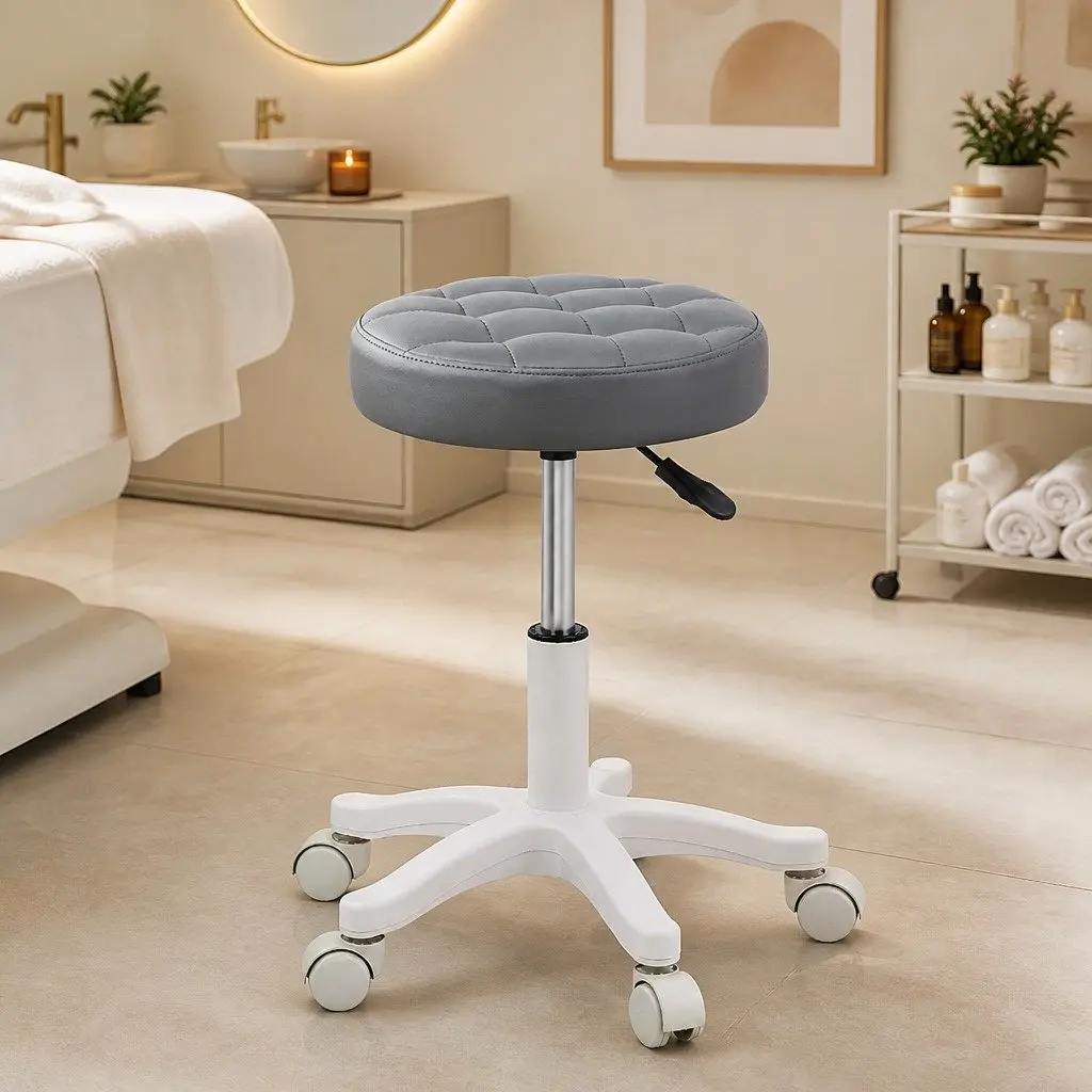 Rolling Bar Stool PU Leather Grey 360° Swivel Chair with Casters Steel Frame Height Adjustable