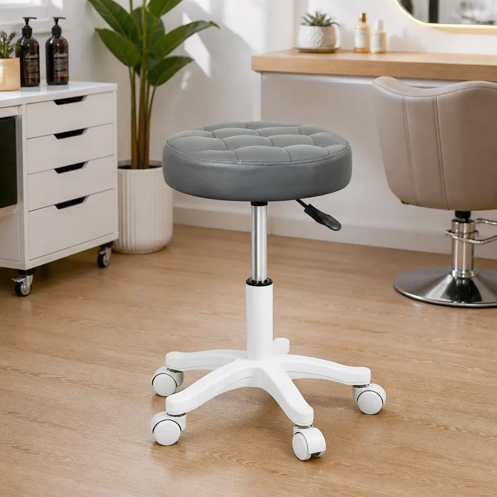 Rolling Bar Stool PU Leather Grey Gas Lift 360° Swivel Steel Frame