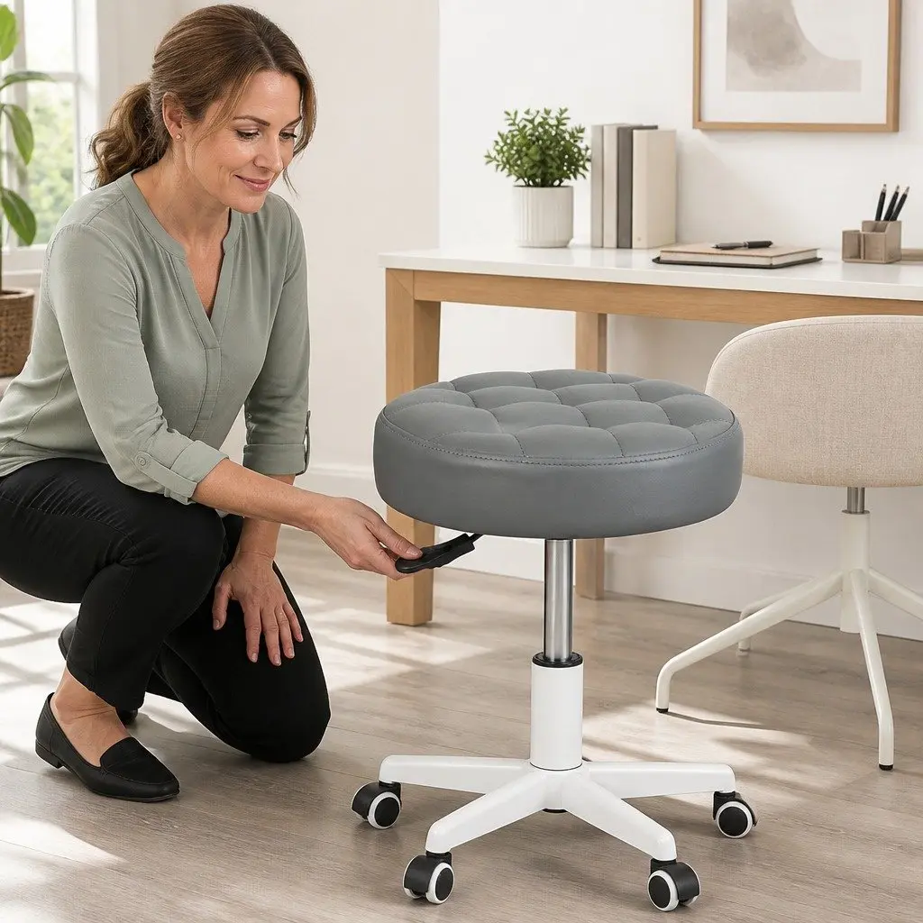 Rolling Bar Stool PU Leather Grey Gas Lift 360° Swivel Steel Frame