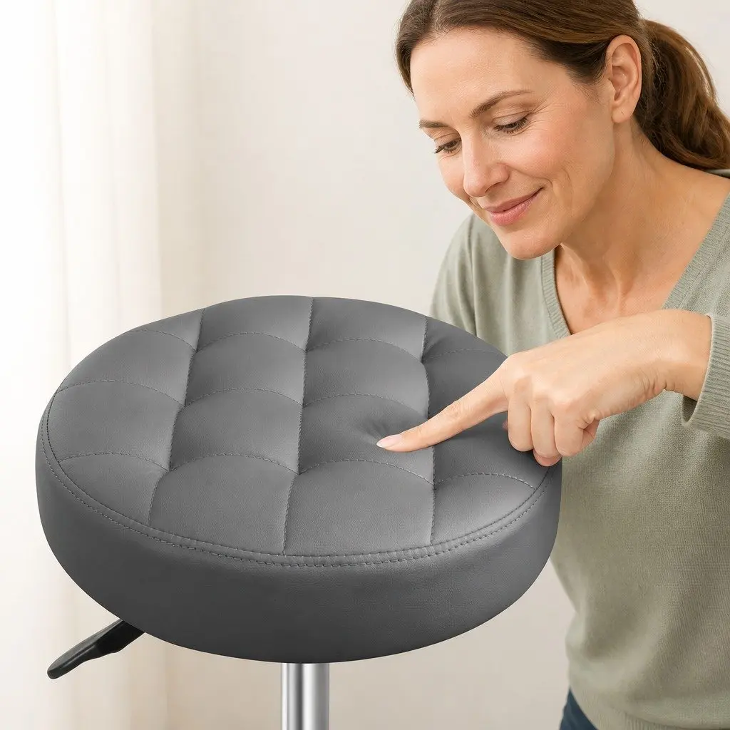 Rolling Bar Stool PU Leather Grey Gas Lift 360° Swivel Steel Frame