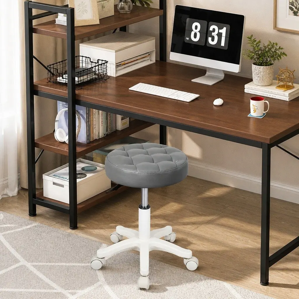 Rolling Bar Stool PU Leather Grey Gas Lift 360° Swivel Steel Frame