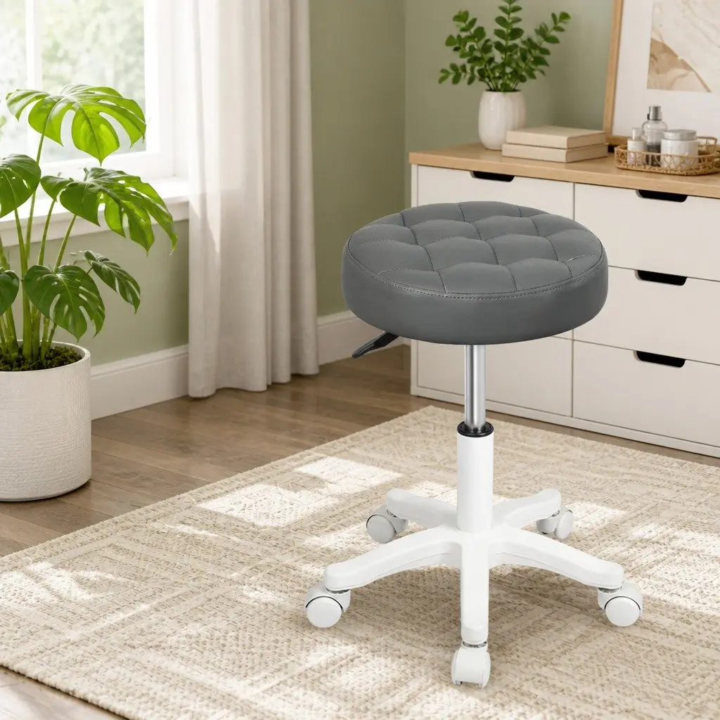 Rolling Bar Stool PU Leather Grey Gas Lift 360° Swivel Steel Frame