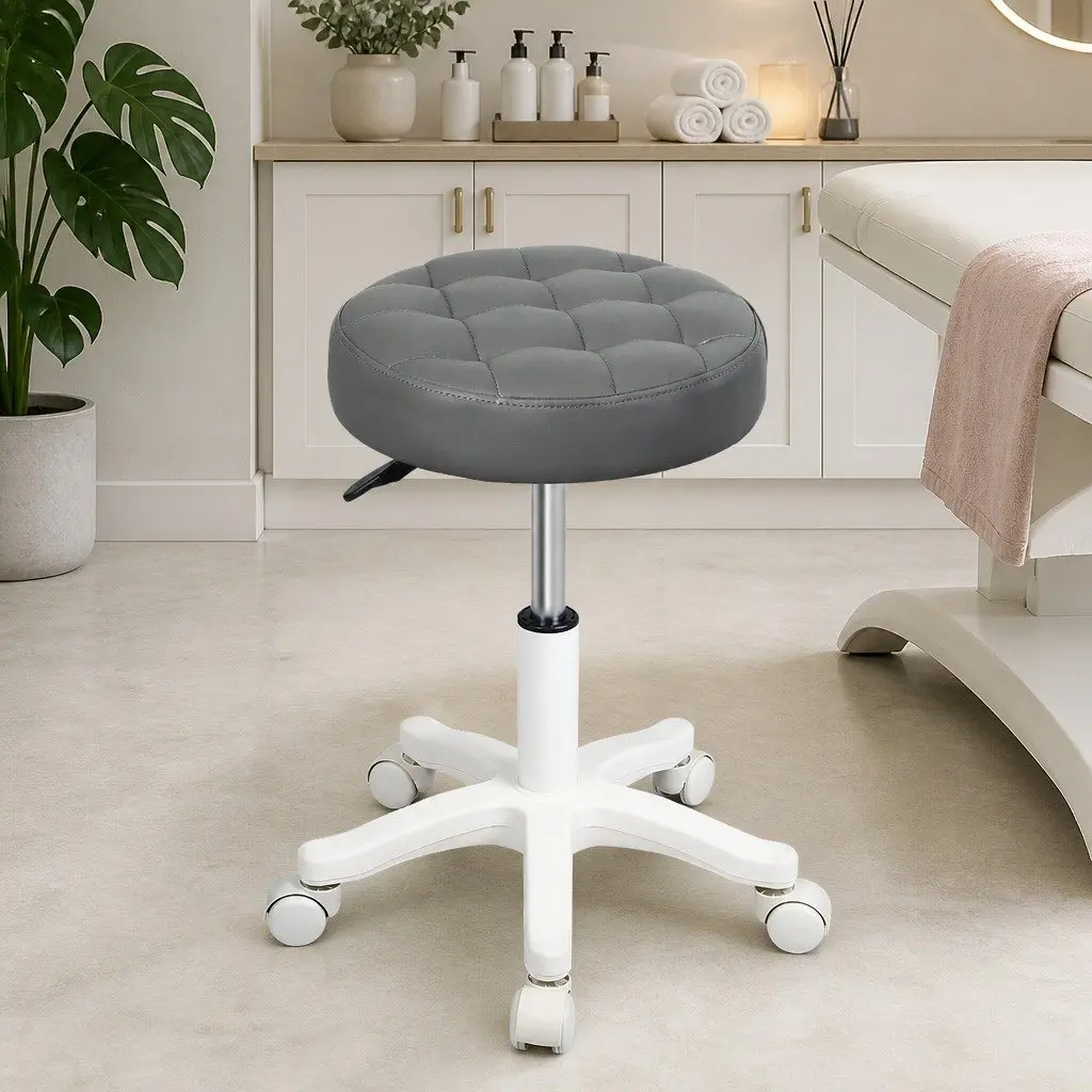 Rolling Bar Stool PU Leather Grey Gas Lift 360° Swivel Steel Frame