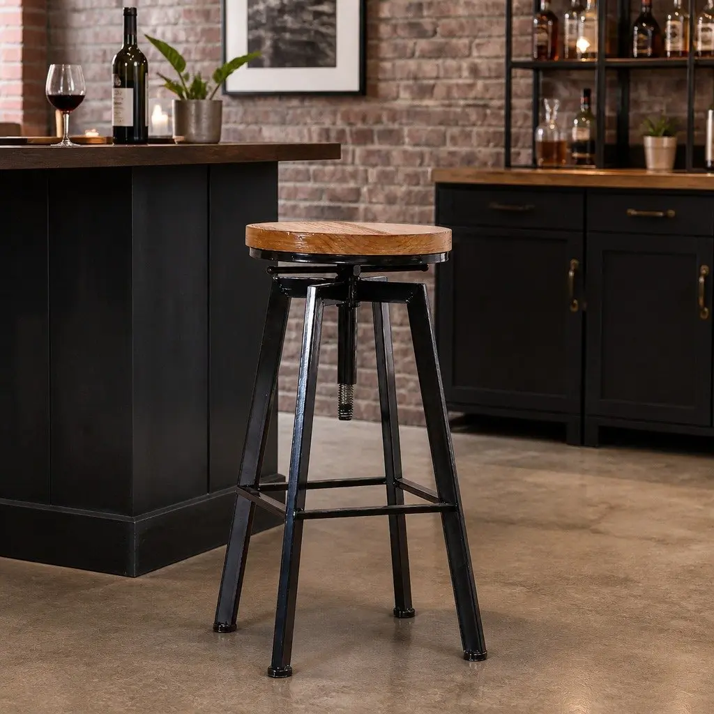 Adjustable Height Industrial Bar Stools with Wooden Seat