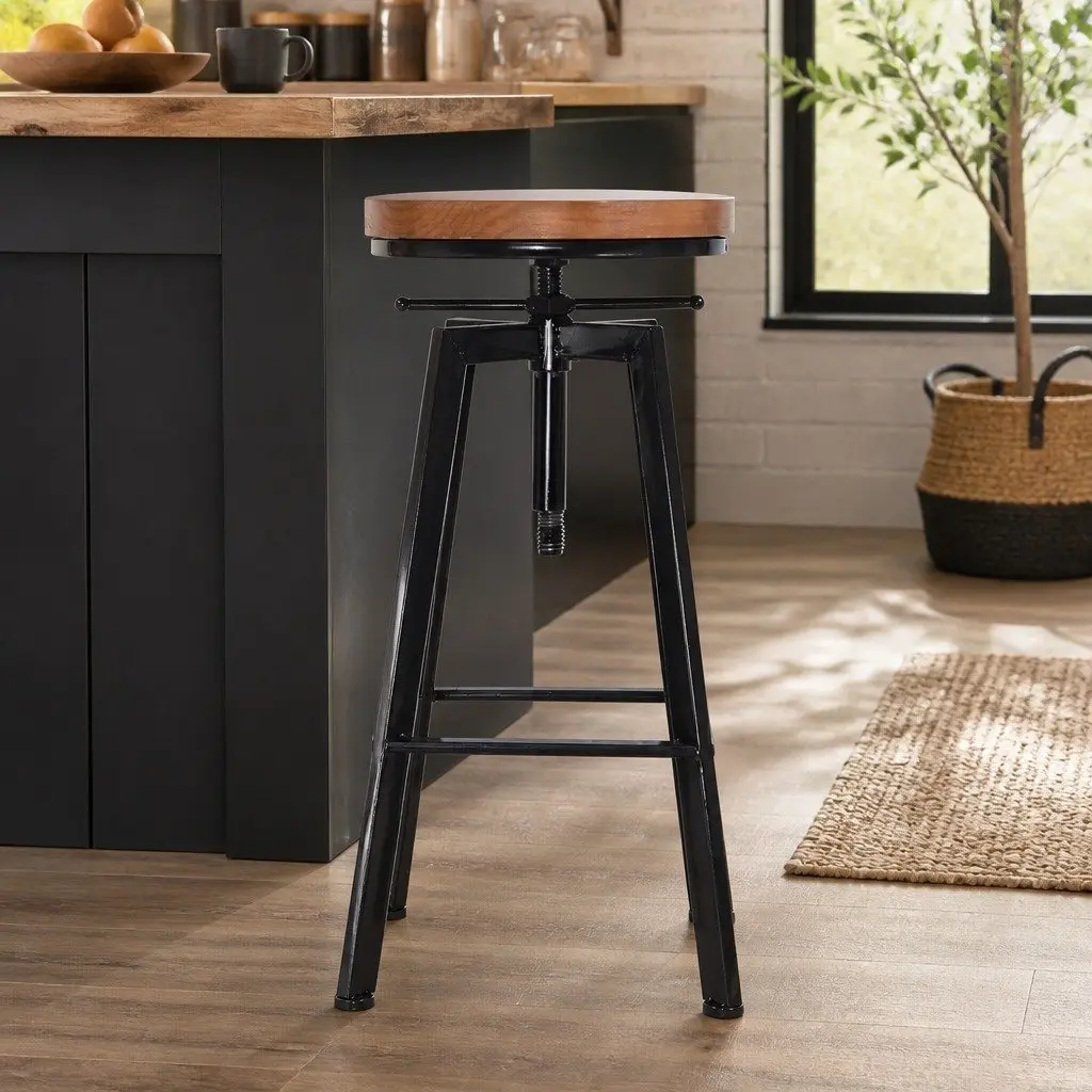 Adjustable Height Industrial Bar Stools with Wooden Seat