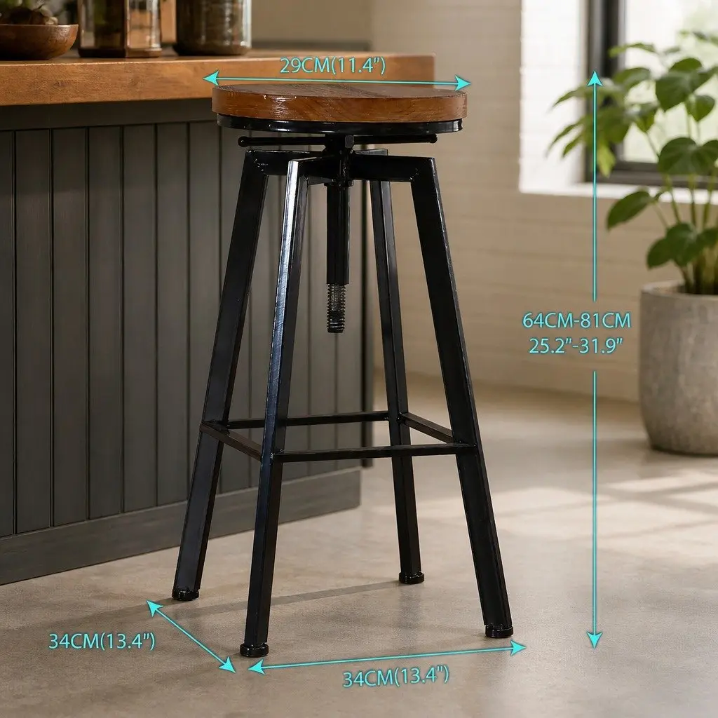 Adjustable Height Industrial Bar Stools with Wooden Seat