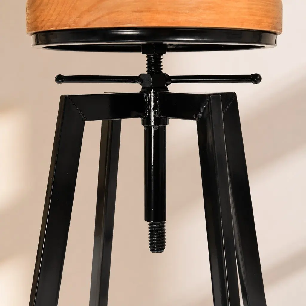 Adjustable Height Industrial Bar Stools with Wooden Seat