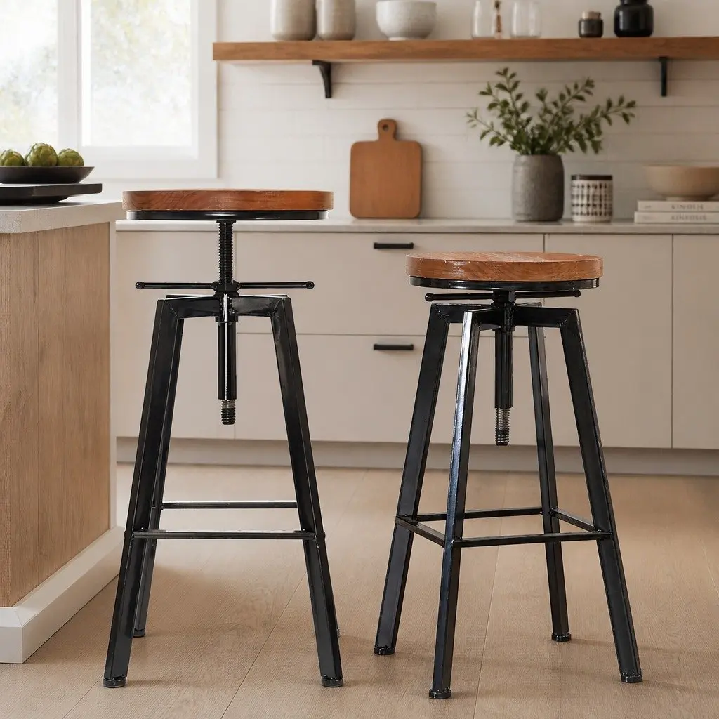 Adjustable Height Industrial Bar Stools with Wooden Seat